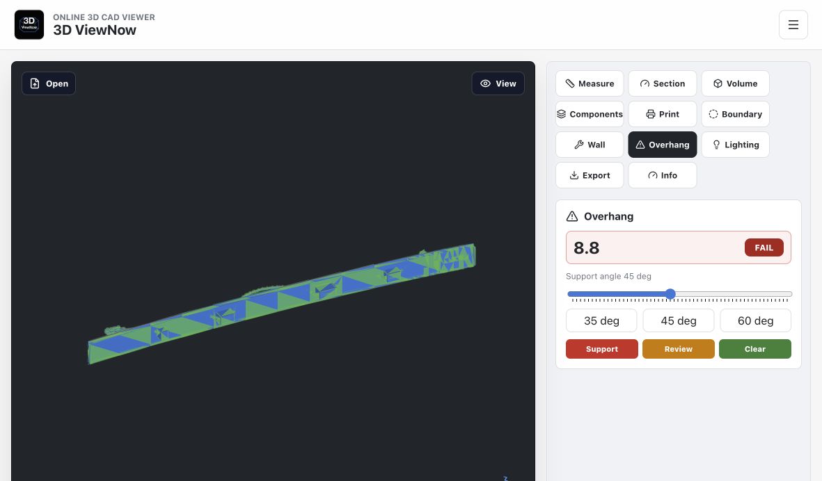 3D ViewNow에서 dragon_bridge_da_nang STL의 45도 오버행 위험을 표시한 화면
