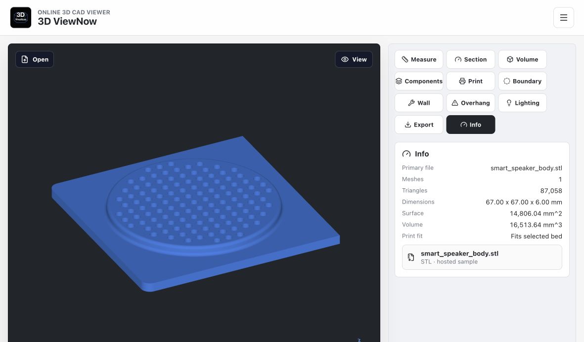 3D ViewNow에서 smart_speaker_body STL의 크기와 프린터 베드 적합성을 확인한 화면